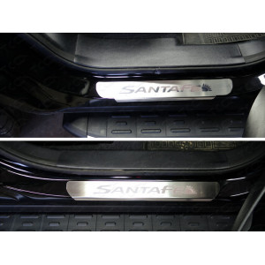 Накладки на пороги (лист шлифованный надпись Santa Fe) Hyundai Santa Fe Grand 2016- 
